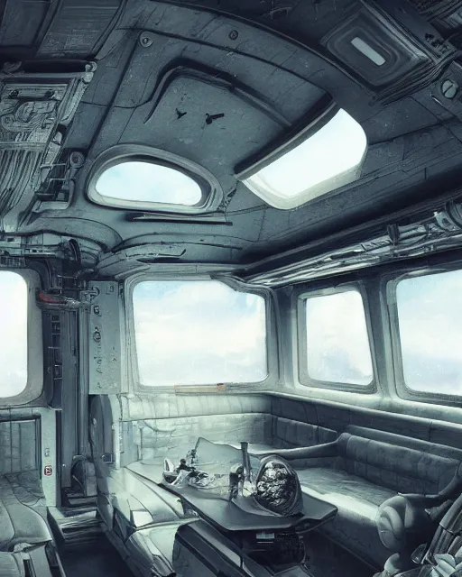 Prompt: highly detailed interior of a retro spacecraft with large windows, depth of field, fashion photoshoot by hyung tae, frank frazetta, bosch, giger, breathtaking, detailed and intricate environment, 8 k resolution, hyperrealistic, octane render