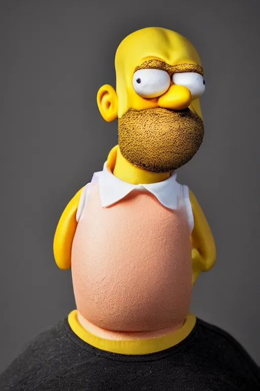 Prompt: studio portrait of man that looks excactly like homer simpson, lookalike, as if homer simpson came to life, soft light, black background, fine details, close - up, award winning photo by lisa kristine
