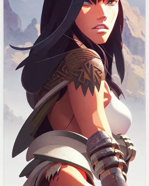 Image similar to azctec warrior, megan fox, gem, detailed perfect face, exquisite details, fire magic, mid view, design on a white background, by studio muti, greg rutkowski makoto shinkai takashi takeuchi studio ghibli