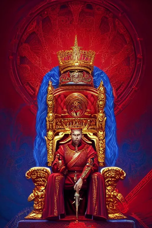 Prompt: the emperor, the crowned embodiment of male power holding the symbol of his power sits on a lavish red throne ruling with wisdom and care, 8 k resolution digital painting, by alena aenami, by michael whelan, behance hd, trending on artstation deviantart