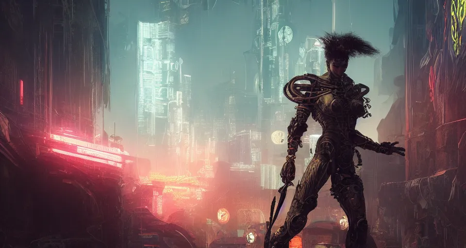 Image similar to cyberpunk gladiator, cinematic, highly detailed, octane render, cg, rich cinematic atmosphere, perfect digital art, mystical journey in strange world, Mystical, cyberpunk, tech war, sci-fi, surreal, glowing lights, sharp focus, high detailed, by Akihiko Yoshida, michael whelan and Karol Bak - H 1024