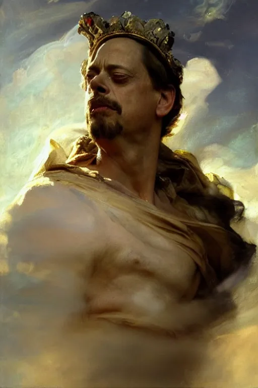 Image similar to beautiful detailed expressive impressionistic oil painting portrait of ancient roman god emperor steve buscemi ascending into the clouds wearing the civic crown, renaissance painting, art by anders zorn, wonderful masterpiece by greg rutkowski, expressive brush strokes, beautiful cinematic light, american romanticism by greg manchess, jessica rossier