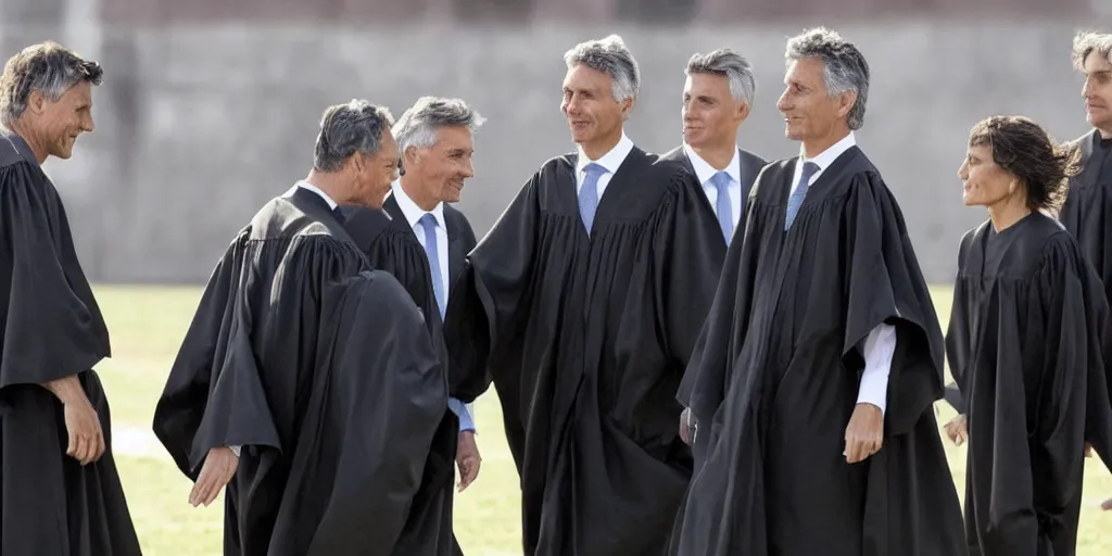 Image similar to Mauricio Macri and judges in black robes playing football