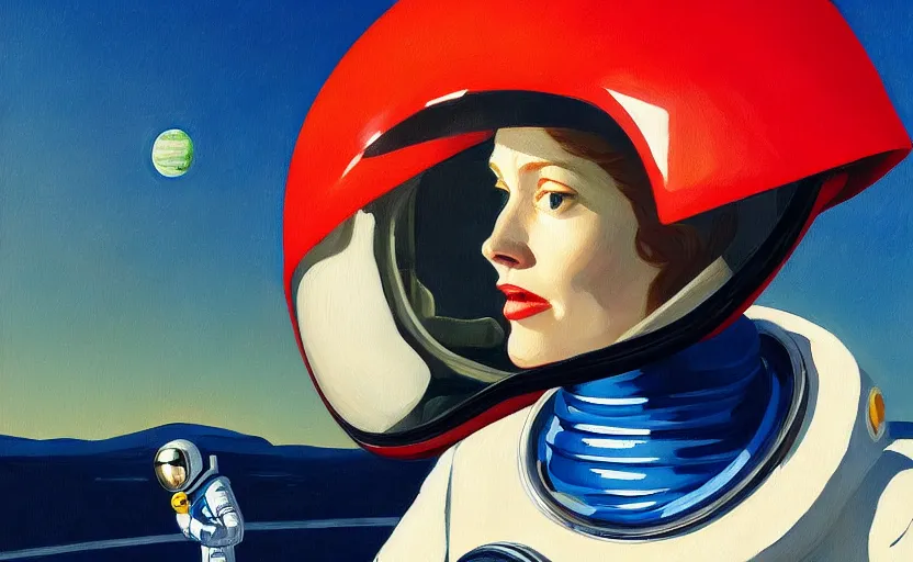 Prompt: Portrait of a woman astronaut with helmet and latex suit, very coherent, painted by Edward Hopper, painted by James Gilleard, airbrush, art by JamesJean