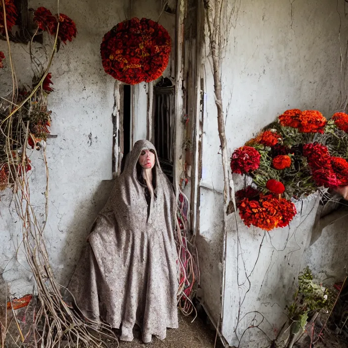 Image similar to a woman wearing a hooded cloak made of zinnias and barbed wire, in a derelict house, by Omar Z. Robles, natural light, detailed face, CANON Eos C300, ƒ1.8, 35mm, 8K, medium-format print