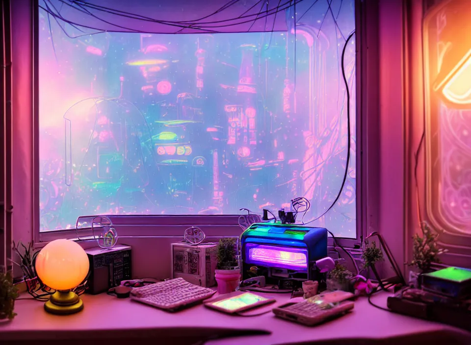 Image similar to telephoto 7 0 mm f / 2. 8 iso 2 0 0 photograph depicting the experience of dreamstate in a cosy cluttered french sci - fi ( art nouveau ) cyberpunk apartment in a pastel dreamstate art cinema style. ( iridescent terrarium, computer screens, window, leds, lamp, ( ( ( bed ) ) ) ), ambient light.