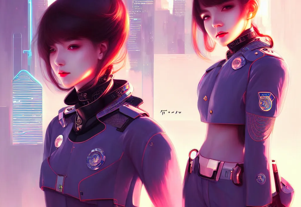 Image similar to portrait futuristic police uniform girl, at future neon light tokyo rooftop night, ssci - fi and fantasy, intricate and very very beautiful and elegant, highly detailed, digital painting, artstation, concept art, smooth and sharp focus, illustration, art by tan zi and ayanamikodon and alphonse mucha and wlop