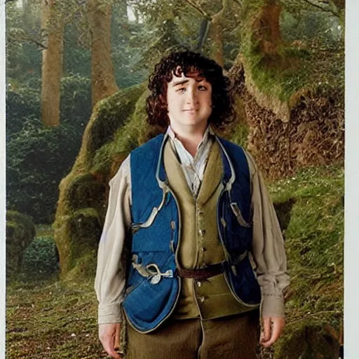 Prompt: clean-shaven (pudgy) british lad with short curly dark brown hair as a hobbit wearing a white men's crossbody sling chest bag and blue vest