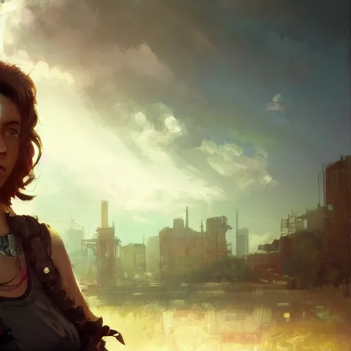 Image similar to fallout 5, charismatic beautiful rugged brunette female protagonist, portrait, outdoors tropical cityscape, atmospheric lighting, painted, intricate, volumetric lighting, beautiful, daytime, sunny weather, few clouds, sharp focus, deep colours, ultra detailed, art by krenz cushart and wenjun lin