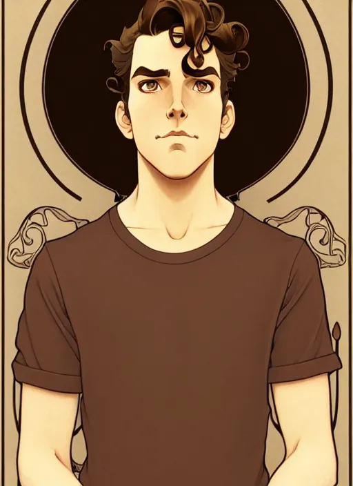 Image similar to art nouveau portrait of a handsome young man with curly medium length light brown hair, brown eyes, serious facial expression, gloomy mood, annoyed, t - shirt, natural lighting, path traced, highly detailed, high quality, cartoon, digital painting, by don bluth and ross tran and studio ghibli and alphonse mucha