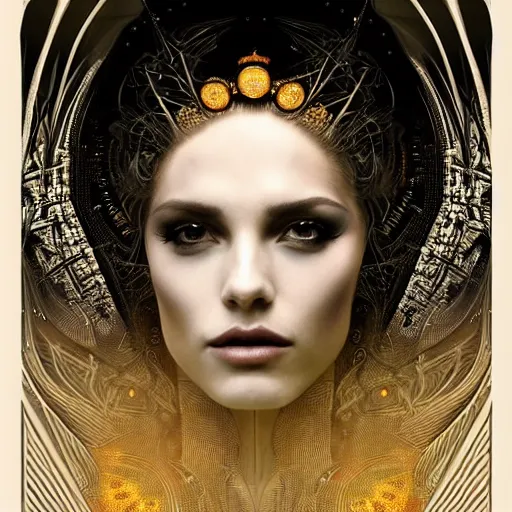 Prompt: extremely psychedelic beautiful cyborg queen of lsd infected by night. intricate, elegant, highly detailed, extremely lifelike photorealistic digital painting, artstation. steichen, gaston bussiere, tom bagshaw, cyberpunk alphonse mucha. elegant minimalism. anatomically correct. sultry. sharp focus. gold and black, white accents. melancholic. lifelike