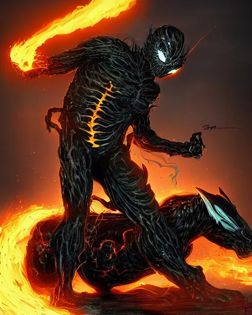 Image similar to ghost rider symbiote, dynamic lighting, fantasy concept art, trending on art station, stunning visuals, creative, cinematic, ultra detailed, comic strip style