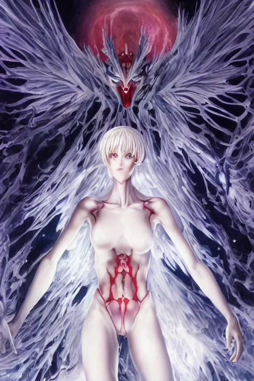 Prompt: poster for the end of Evangelion Ayanami Rei, glowing white skin, angelic Lilith, fantasy, intricate, elegant, dramatic lighting, emotionally evoking symbolic metaphor, highly detailed, lifelike, photorealistic, digital painting, artstation, concept art, smooth, sharp focus, illustration, art by John Collier and Albert Aublet and Krenz Cushart and Artem Demura and Alphonse Mucha