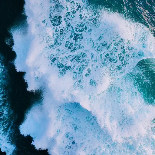 Prompt: waves hitting a cliff, beautiful ambient light, top down drone shot, 8k