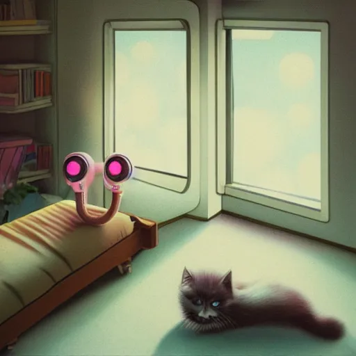 Prompt: a little girl with headphones lying on the bed, in her bedroom, 1 9 8 0, retrofuturism, clean, window, cat, bookshelf, vase, desk, at night, dramatic lighting, by yoshitomo nara, detailed by simon stalenhag