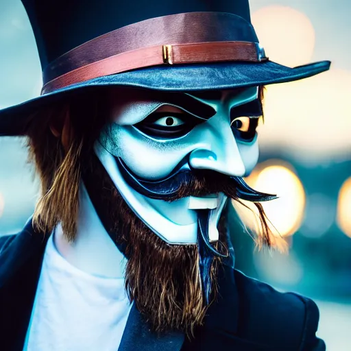 Prompt: man wearing guy fawkes mask, professional cosplay, cinematic, key light, 4 k, 8 k, photorealistic, ultra realistic, hyperrealistic