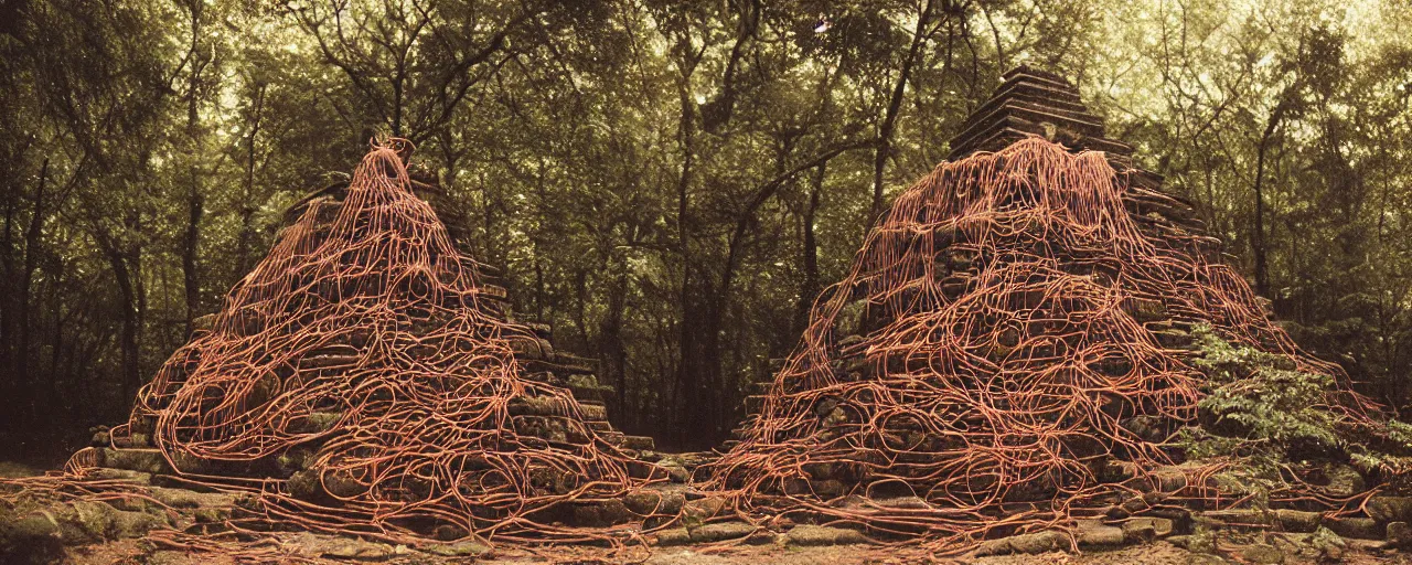 Image similar to an ancient aztec temple in the middle of the forest covered in spaghetti, canon 5 0 mm, cinematic lighting, photography, retro, film, kodachrome