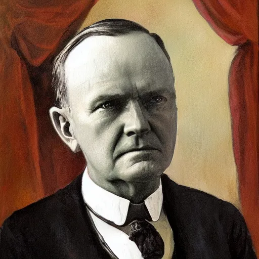 Image similar to calvin coolidge as a dnd fantasy tiefling, horned coolidge epic painting. official portrait, dnd character painting by gibbs - coolidge. oil on canvas, wet - on - wet technique, underpainting, grisaille, realistic. restored face.