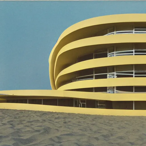 Prompt: architecture ad for a mid-century modern building by the beach designed by Zaha Hadid. Film grain, cinematic, colorized, yellow hue.
