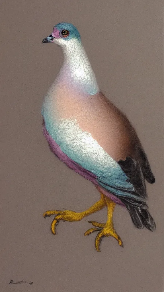 Image similar to rococo painting of a pigeon, pastel colour palette, iridescent