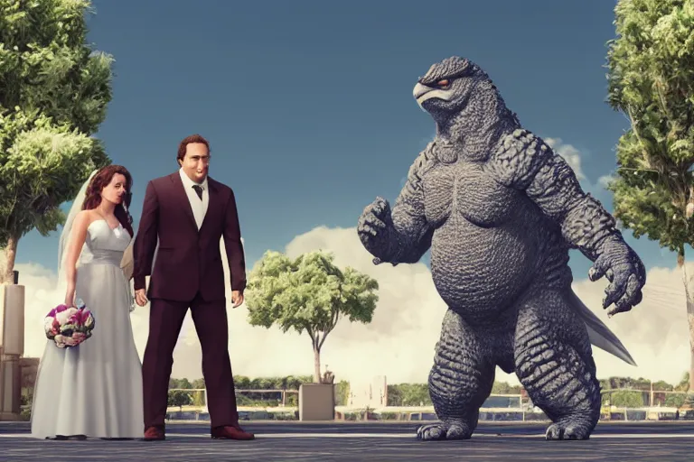 Image similar to a still from My Big Fat Greek wedding, wedding, wedding, with Fox McCloud and godzilla, octane render, nvidia raytracing demo, masterpiece