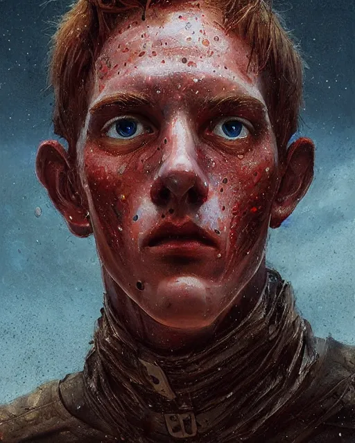 Image similar to portrait of tall, thin, 1 5 - year - old boy with a long nose, a lot of freckles, fiery red hair, and bright blue eyes, hyper realistic face, beautiful eyes, fantasy art, in the style of greg rutkowski, intricate, hyper detailed, smooth