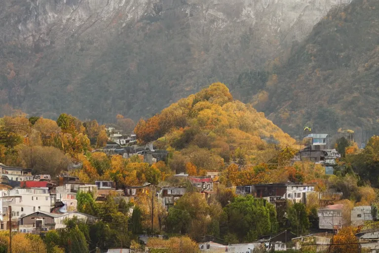 Image similar to warehouses lining a street, with an autumn mountain directly behind, radio tower on mountain, lens compressed, photography