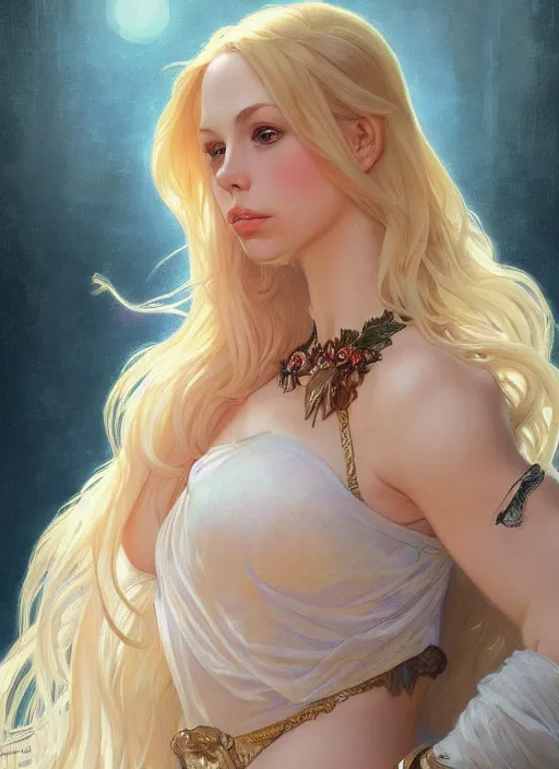 Image similar to beautiful portrait of blonde gianna michaels, by magali villeneuve and greg rutkowski and artgerm and alphonse mucha, intricate, elegant, highly detailed, photorealistic, trending on artstation, trending on cgsociety, 8 k, sharp focus