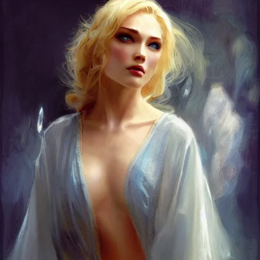 Image similar to detailed cinematic wide shot of beautiful attractive blonde vampire woman slim face symettrical face clean skin blue eyes black robe smooth, sharp focus, ultra realistic, spring light, painting by gaston bussiere, craig mullins, j. c. leyendecker