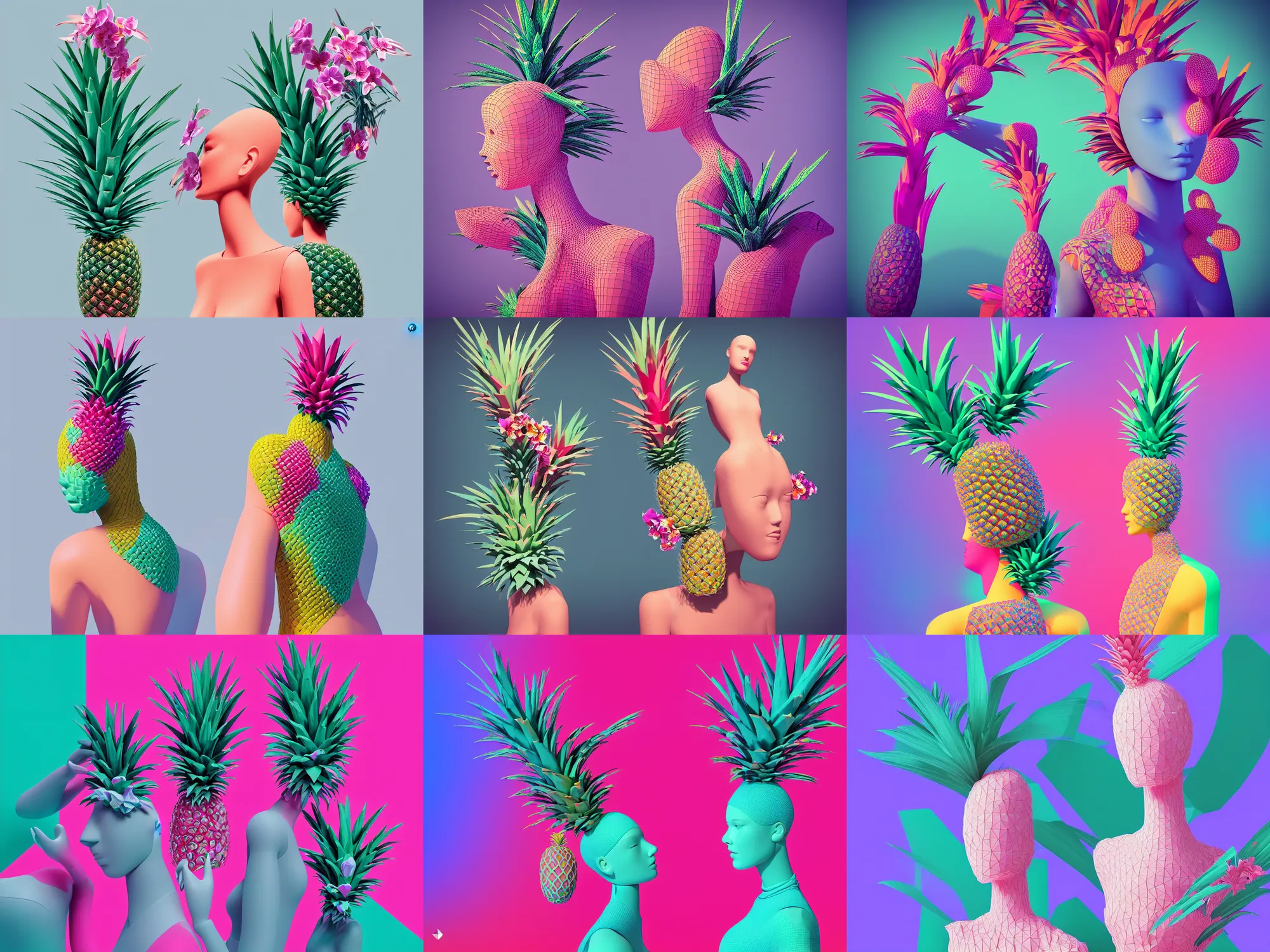 Prompt: “ a beautiful mannequin covered in geometrical 3 d print, a portal to a new world, flowering pineapples and orchids, transcendent, vibrant color, clean linework, finely detailed, 4 k, trending on artstation, photorealistic, volumetric lighting, octane render, in the style of james jean ”