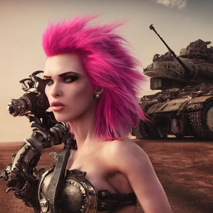 Image similar to beautiful apocalyptic woman with pink Mohawk, posing on mad max panzer tank, 4k ultra hd, fantasy dark art, artstation, octane render