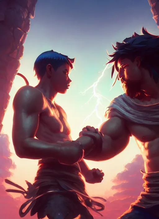 Prompt: highly detailed portrait of barbarians fist bumping in front of swords, lightning in background, video game cover art,, unreal engine, fantasy art by greg rutkowski, loish, rhads, makoto shinkai and lois van baarle, ilya kuvshinov, rossdraws, tom bagshaw, global illumination, radiant light, detailed and intricate environment