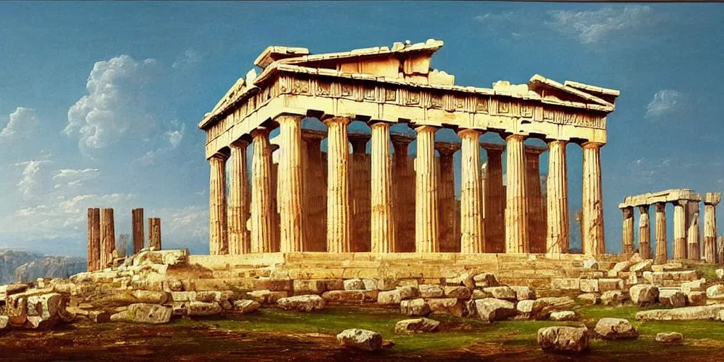 Image similar to a beautiful painting of a greek temple, parthenon, corinth, temple of athena, oil painting, louis dupre, joseph gandy, george maddox, raphael, thomas cole, edwin deakin, auguste racinut, frederic edwin church, masterpiece