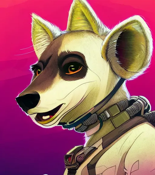 Prompt: digital artwork of furry female hyena, in style of zootopia, fursona, furry, furaffinity, deviantart, wearing astronaut outfit, floating in space, space background, cyberpunk, detailed face, style of artgerm,