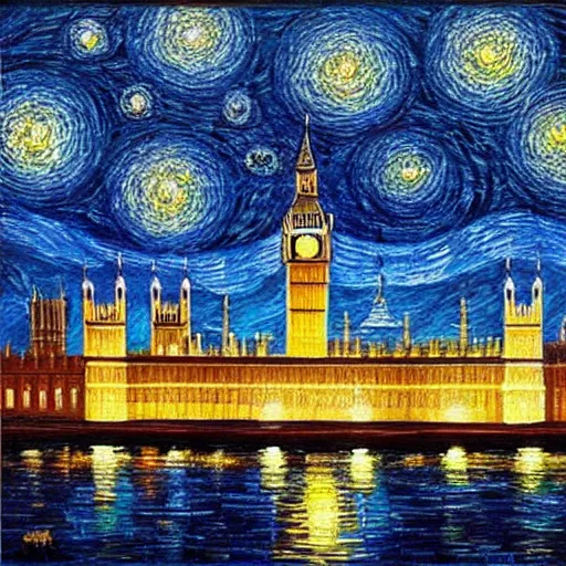 Image similar to A beautiful painting of the houses of parliament in style of starry night