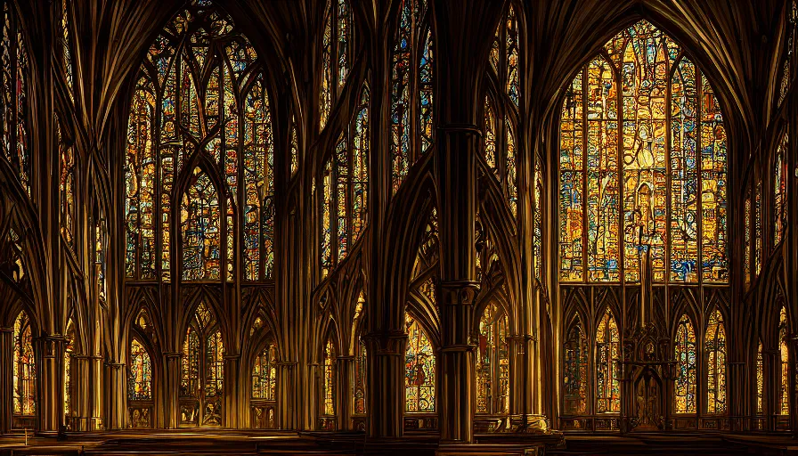 Prompt: interior of a black and gold neo - gothic church with sunlight through stained glass, hyperdetailed, artstation, cgsociety, 8 k