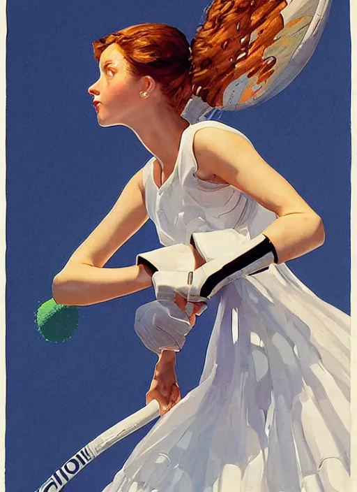 Prompt: a copic maker art nouveau portrait of a russian girl playing tennis at high speed wearing a futuristic latex pilot evangelion suit and a puffy skirt designed by balenciaga by john berkey norman rockwell