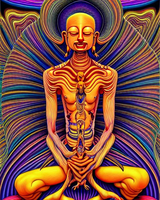 Prompt: Human Body reaching nirvana, Conjuring Psychedelic Illustration by Alex Gray, ultra realistic, highly detailed, 8k, symmetry, fractals, grotesque, vibrant,