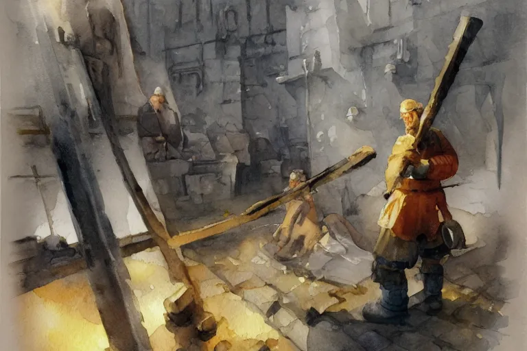 Prompt: small centered on watercolor paper, paint brush strokes, abstract watercolor painting of dirty medieval blacksmith with apron and hammer, anvil, furnace, kiln, cinematic light, national romanticism by hans dahl, by jesper ejsing, by anders zorn, by greg rutkowski, by greg manchess, by tyler edlin