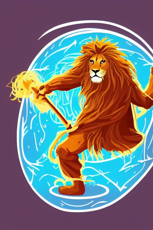 Image similar to Portrait of a Lion that is a wizard casting a spell , wizard, medieval, sticker, colorful, casting epic spell, magic the gathering artwork, D&D, fantasy, artstation, heroic pose, illustration, highly detailed, simple, smooth and clean vector curves, no jagged lines, vector art, smooth