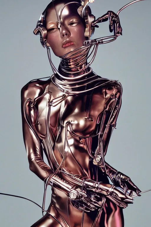 Image similar to portrait of a metal woman in the style of hajime sorayama, editorial photography from vogue magazine, photography