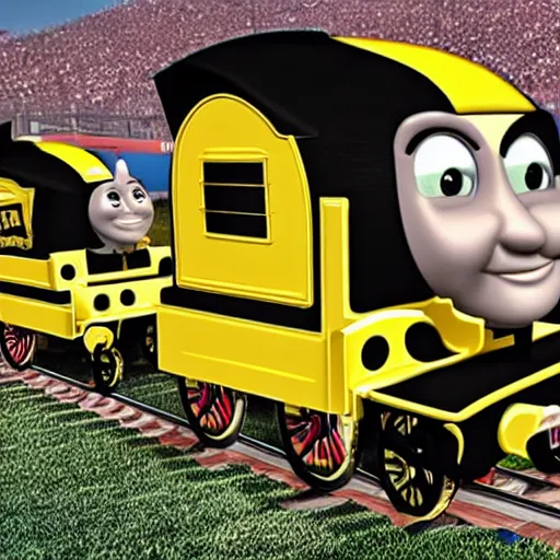 Prompt: purdue pete as thomas the tank engine on a football field