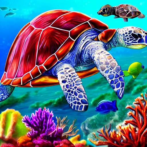 Image similar to the majestic sea turtle eats beautiful coral amongst the brightly colored sea life, digital art artstation