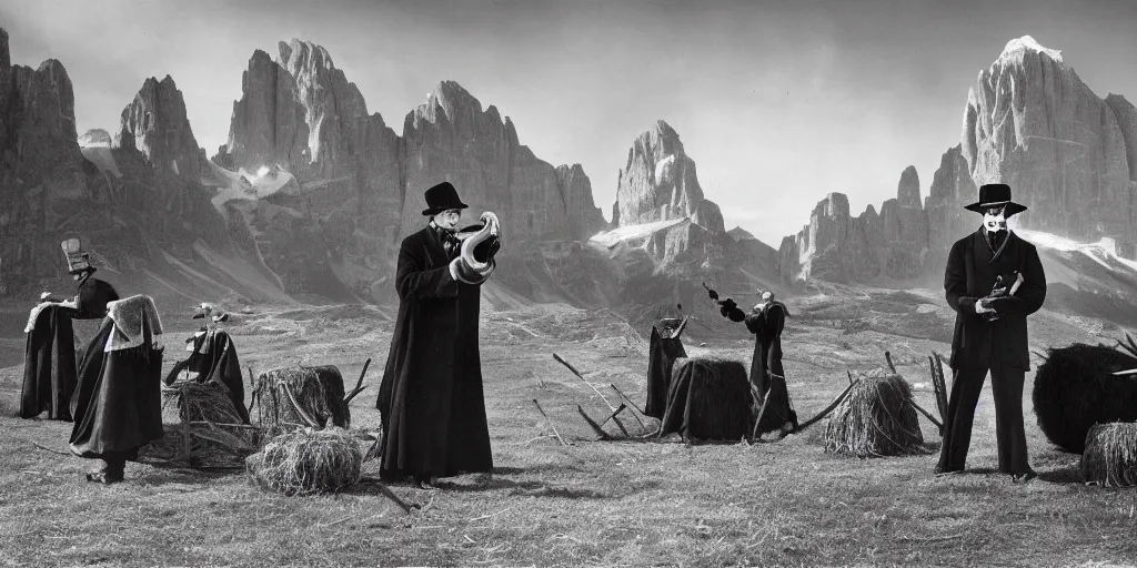 Prompt: 1920s photography of occult priests with hay coats and horn with dolomites in the background, occult signs, witch burning, pyre, solstice fire, alp, dolomites, alpine, detailed intricate insanely detailed octane render, 8k artistic 1920s photography, photorealistic, black and white, chiaroscuro, hd, by David Cronenberg, Raphael, Caravaggio