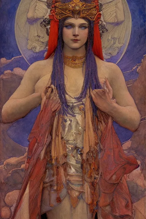 Image similar to goddess of the ancient city by Annie Swynnerton and Nicholas Roerich, strong dramatic cinematic lighting , ornate headdress , flowing robes, lost civilizations, smooth, sharp focus, extremely detailed