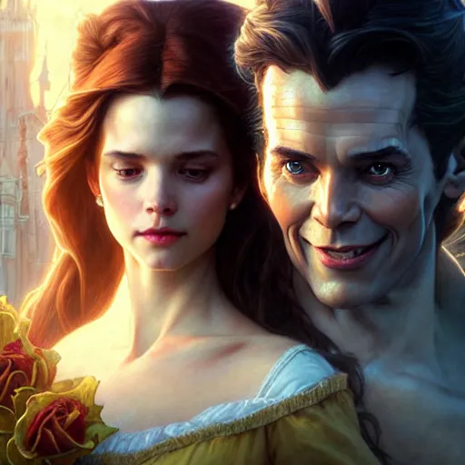 Image similar to belle beauty and the beast ; ultra realistic, concept art, intricate details, eerie, haunting, highly detailed, photorealistic, octane render, 8 k, unreal engine. art by artgerm and greg rutkowski and charlie bowater and magali villeneuve and alphonse mucha