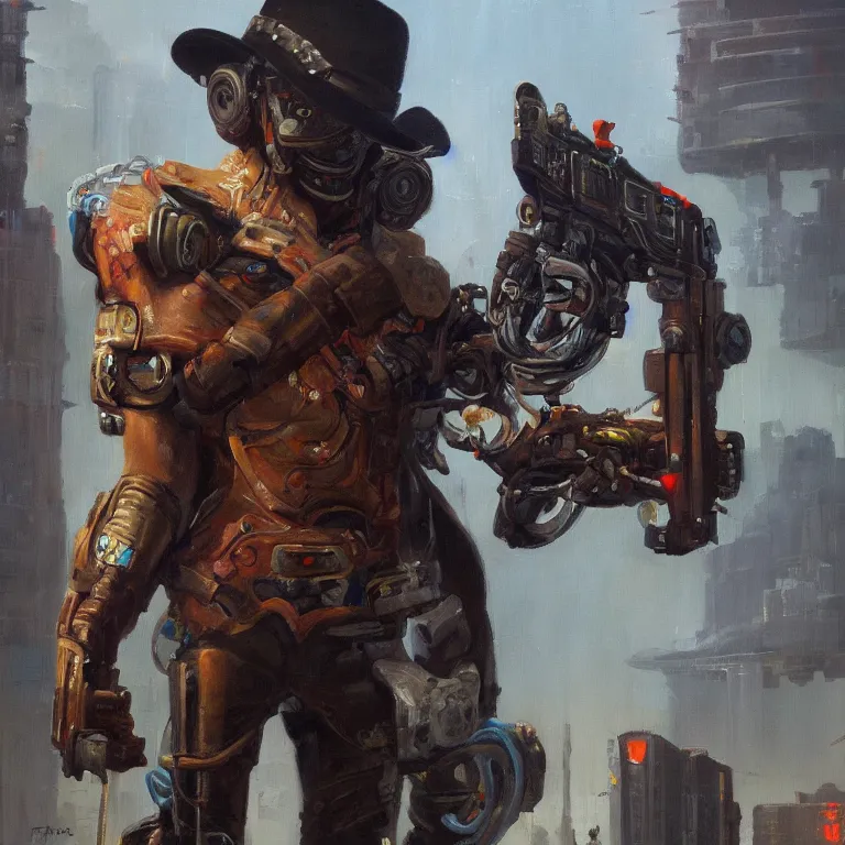 Prompt: a oil painting of a cybernetic cowboy duelwielding a revolvers in the style of cyberpunk in the style of Frank Frazetta trending on artstation deviantart Pinterest detailed realistic High Resolution HD 8k