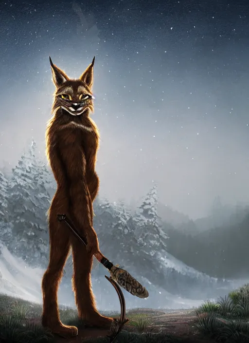 Image similar to anthropomorphic lynx holding a golden intricately decorated shiny scepter, night, spruce trees on the sides, mountains in the background, eerie dark atmosphere, moonlit, back light, in the style of fantasy movie, fantasy art, fantasy matte painting, trending on artstation