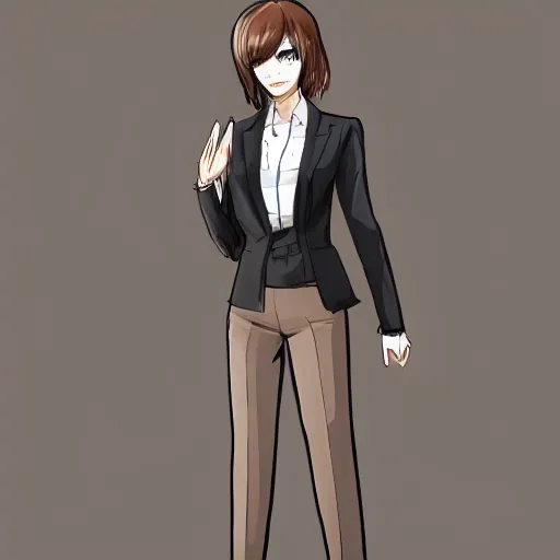 Image similar to woman in black business suit, chill, light brown neat hair, pixiv, fanbox, trending on artstation, portrait, digital art, modern, sleek, highly detailed, formal, serious, determined, blue tie, competent, colorized, smooth, charming, pretty, safe for work