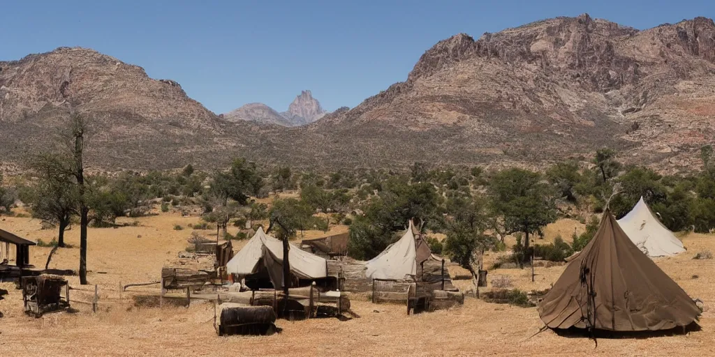 Prompt: a wild west scenery, camps in the background